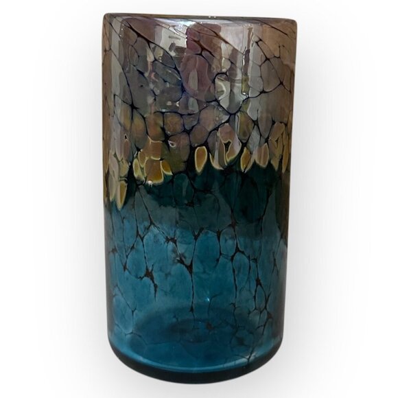 Handcrafted Hand Blown Glass Tumbler Short Vase w Reflective Iridescent Colors - Picture 14 of 16